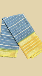 Yale Blue and Yellow Floral Line Pattern with Rich Pallu Mysore Crepe Silk Saree